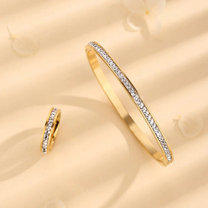 Elegant Solid Color Titanium Steel Plating Inlay Rhinestones 18k Gold Plated Rings Bracelets