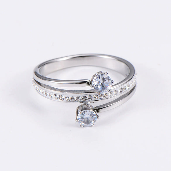 Elegant Spiral White Mud Inlaid Zircon Stainless Steel Finger Ring For Women
