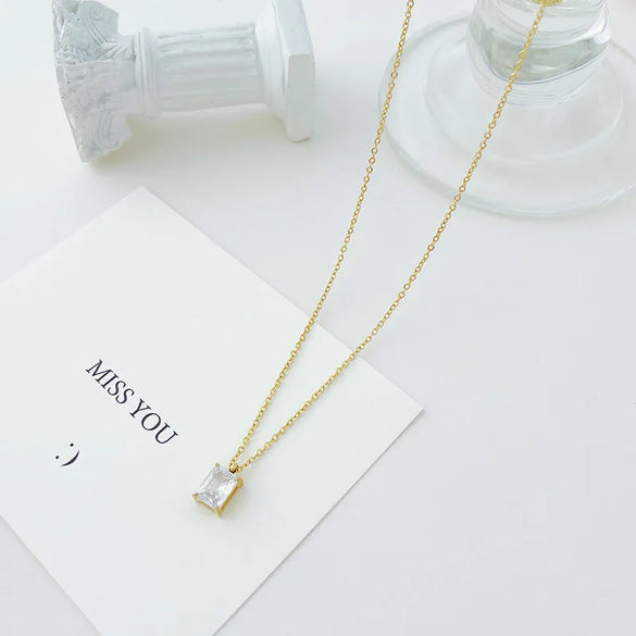 Wholesale Jewelry Elegant Square 304 Stainless Steel Zircon Gold Plated Plating Pendant Necklace