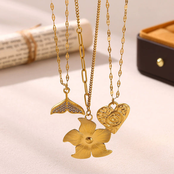 Elegant Stainless Steel Lotus Flower Pendant Necklace With Gold Plated Finish And Corn Chain Design For Women