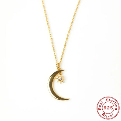 Elegant Star Moon Sterling Silver Inlay Birthstone Pendant Necklace