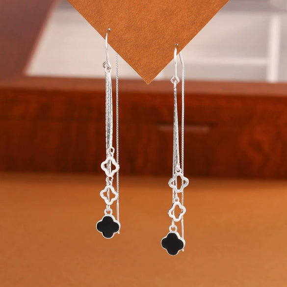 Elegant Sterling Silver Four Leaf Clover Flower Tassel Threader Earrings For Women With Delicate Floral Style