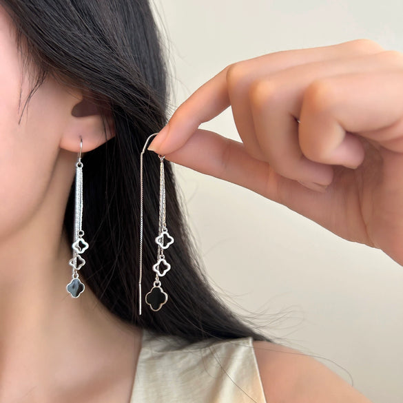 Elegant Sterling Silver Four Leaf Clover Flower Tassel Threader Earrings For Women With Delicate Floral Style