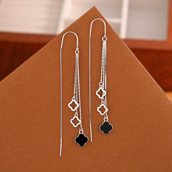 Elegant Sterling Silver Four Leaf Clover Flower Tassel Threader Earrings For Women With Delicate Floral Style