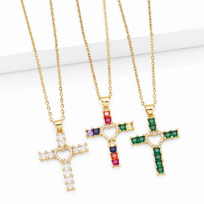 Elegant Streetwear Cross Heart Shape Copper 18k Gold Plated Zircon Pendant Necklace In Bulk