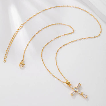 Elegant Streetwear Cross Stainless Steel Copper Plating Inlay Zircon 18k Gold Plated Pendant Necklace