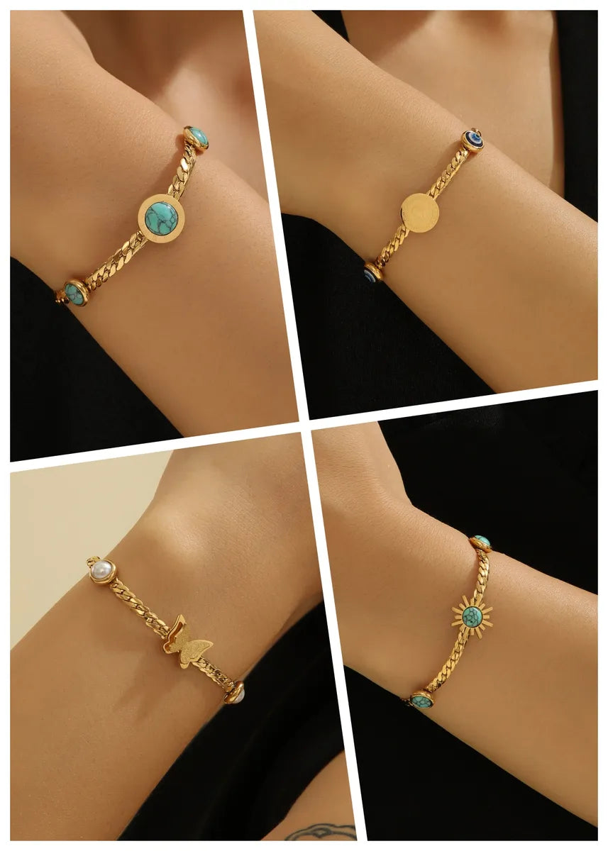 Elegant Streetwear Human Ditsy Floral Butterfly Titanium Steel 18K Gold Plated Turquoise Bracelets In Bulk