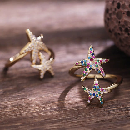 Elegant Streetwear Pentagram Copper Inlay Zircon Open Rings