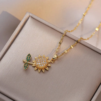 Elegant Streetwear Sunflower Titanium Steel Inlay Zircon Pendant Necklace