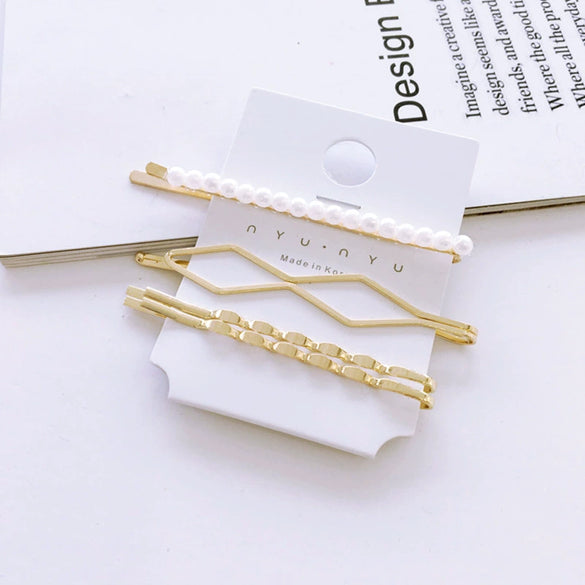Elegant Sweet Alloy Pearl Hair Clip Set Electroplated Word Barrette Side Clip And Bangs Clip For Women