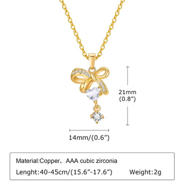 Elegant Sweet Bow Knot Copper Inlay Zircon 18k Gold Plated Pendant Necklace