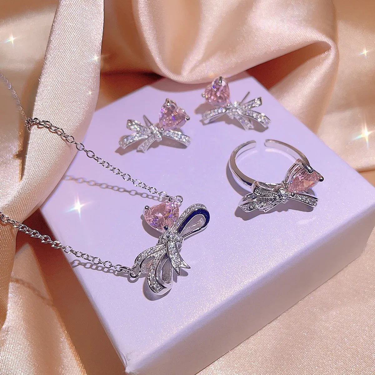 Elegant Sweet Bow Knot Titanium Steel Inlay Zircon Rings Earrings Necklace