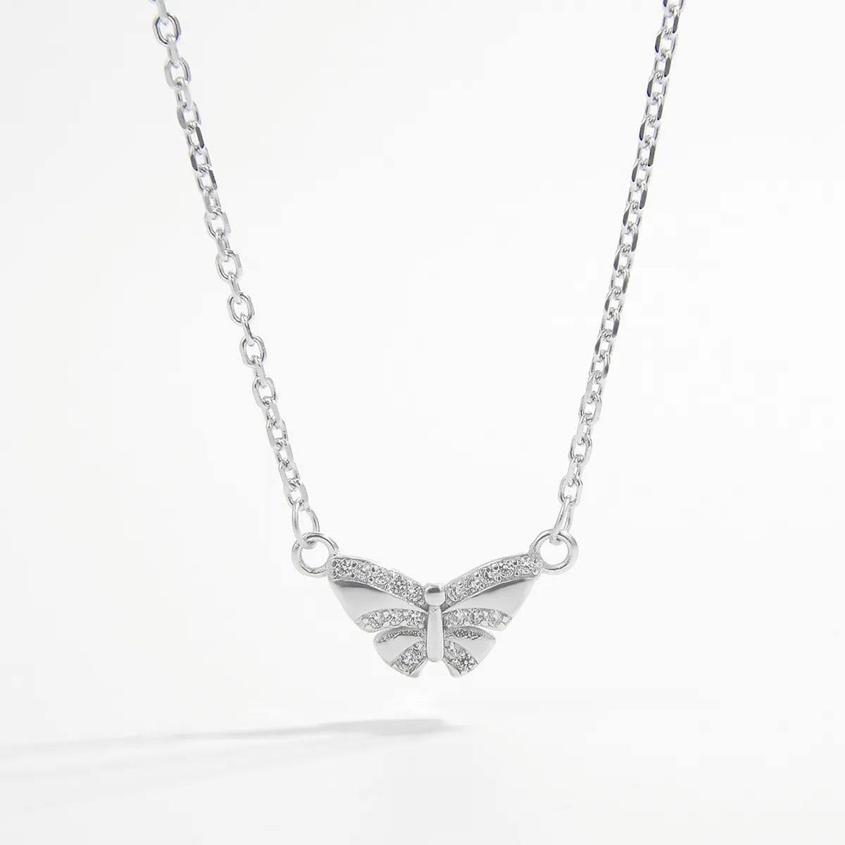 Elegant Sweet Butterfly Sterling Silver Plating Inlay Zircon White Gold Plated Rhodium Plated Pendant Necklace