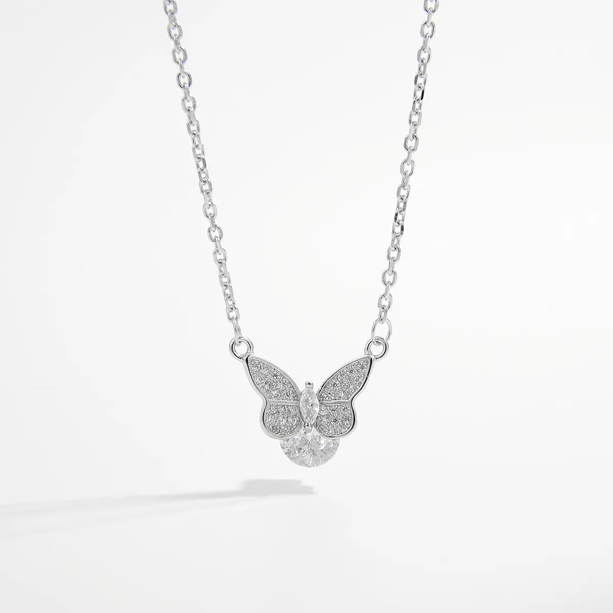 Elegant Sweet Butterfly Sterling Silver Plating Inlay Zircon White Gold Plated Rhodium Plated Pendant Necklace