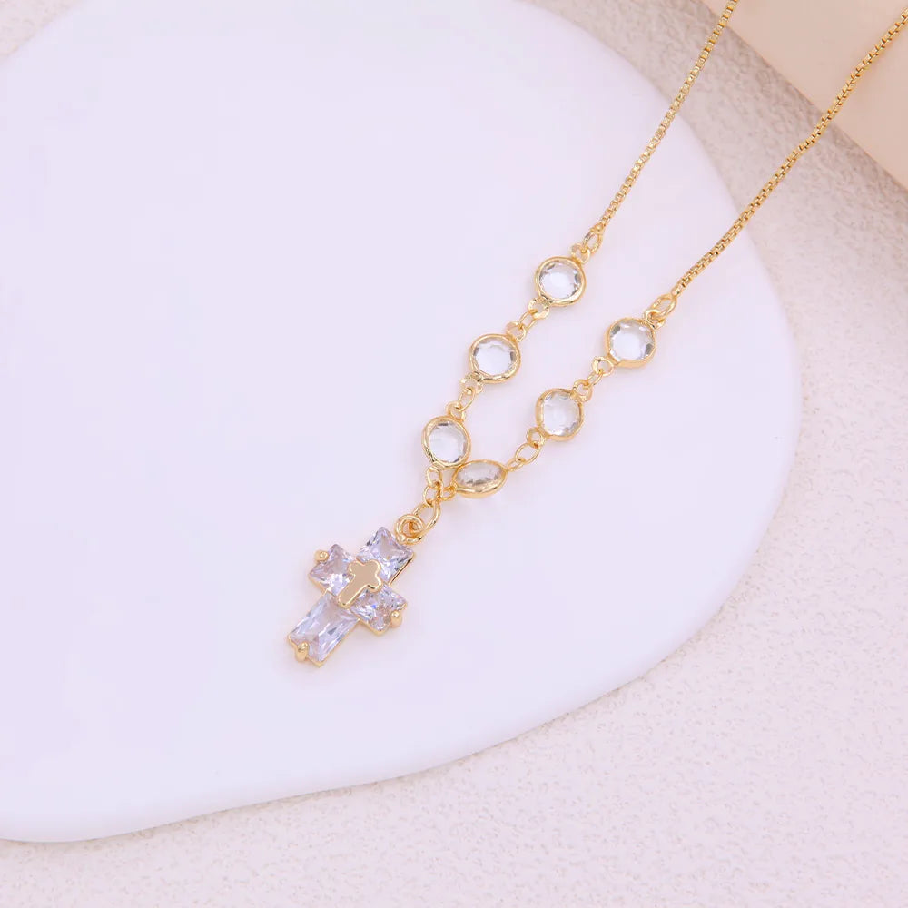 Elegant Sweet Cross Copper 18k Gold Plated Glass Zircon Pendant Necklace In Bulk