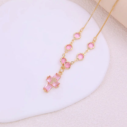 Elegant Sweet Cross Copper 18k Gold Plated Glass Zircon Pendant Necklace In Bulk