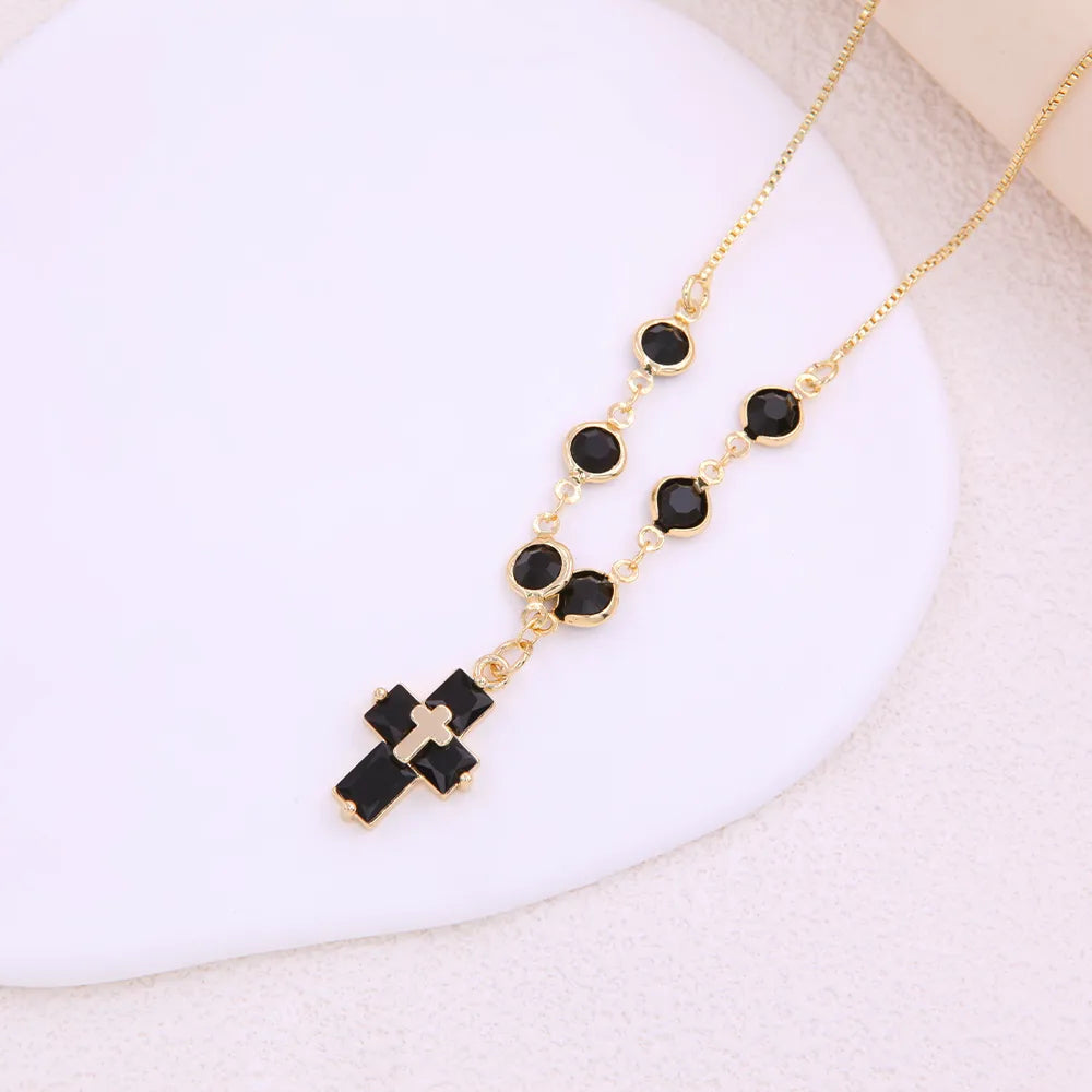 Elegant Sweet Cross Copper 18k Gold Plated Glass Zircon Pendant Necklace In Bulk