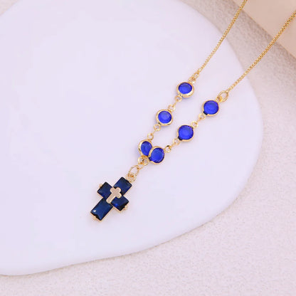 Elegant Sweet Cross Copper 18k Gold Plated Glass Zircon Pendant Necklace In Bulk