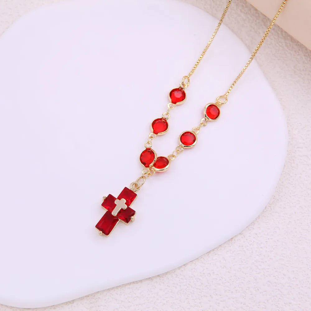 Elegant Sweet Cross Copper 18k Gold Plated Glass Zircon Pendant Necklace In Bulk