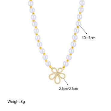 Elegant Sweet Flower Artificial Pearl Titanium Steel Plating Inlay Rhinestones Necklace