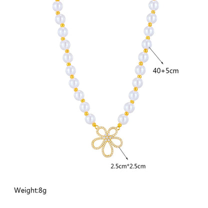 Elegant Sweet Flower Artificial Pearl Titanium Steel Plating Inlay Rhinestones Necklace