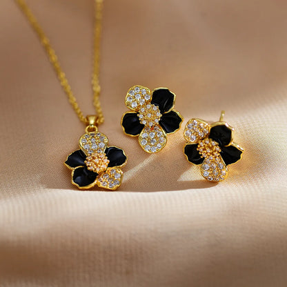 Elegant Sweet Flower Copper Inlay Zircon Earrings Necklace