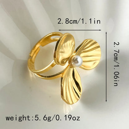 304 Stainless Steel 14K Gold Plated Elegant Sweet Plating Inlay Flower Pearl Open Rings