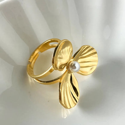 304 Stainless Steel 14K Gold Plated Elegant Sweet Plating Inlay Flower Pearl Open Rings