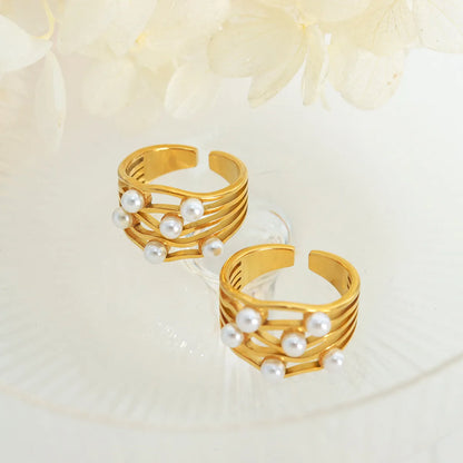 Elegant Sweet Geometric Titanium Steel Water Ripples Plating Inlay Artificial Pearls 18k Gold Plated Open Ring Wave Ring