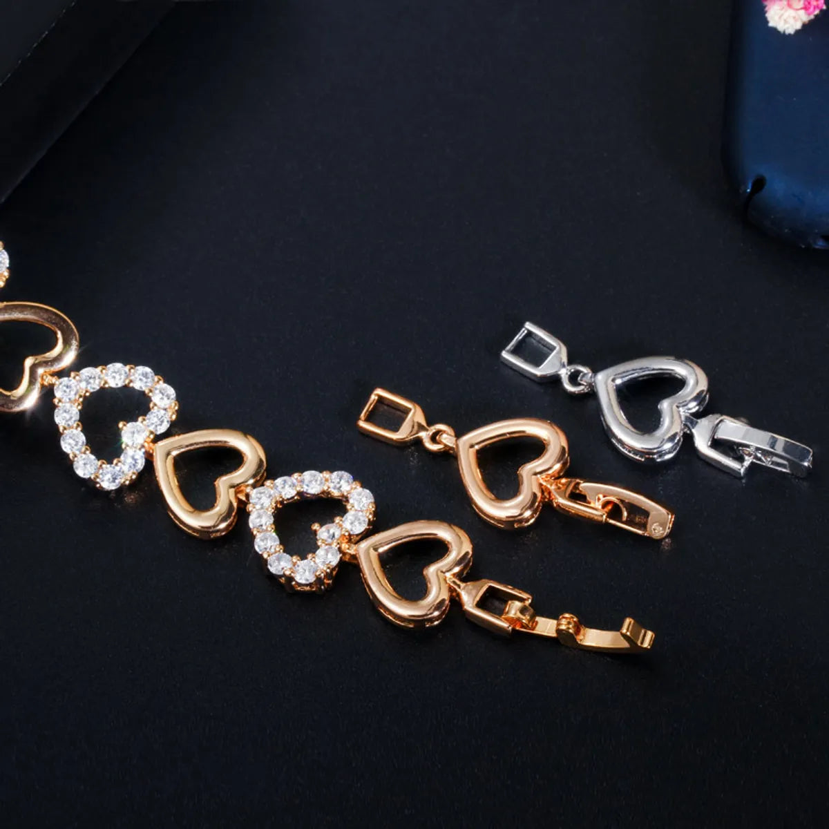 Elegant Sweet Heart Shape Brass Hollow Out Inlay Zircon Gold Plated Bracelets