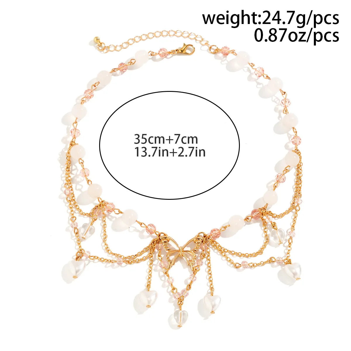 Elegant Sweet Heart Shape Butterfly Imitation Pearl Alloy Agate Crystal Tassel Chain Crystal Agate Women's Choker