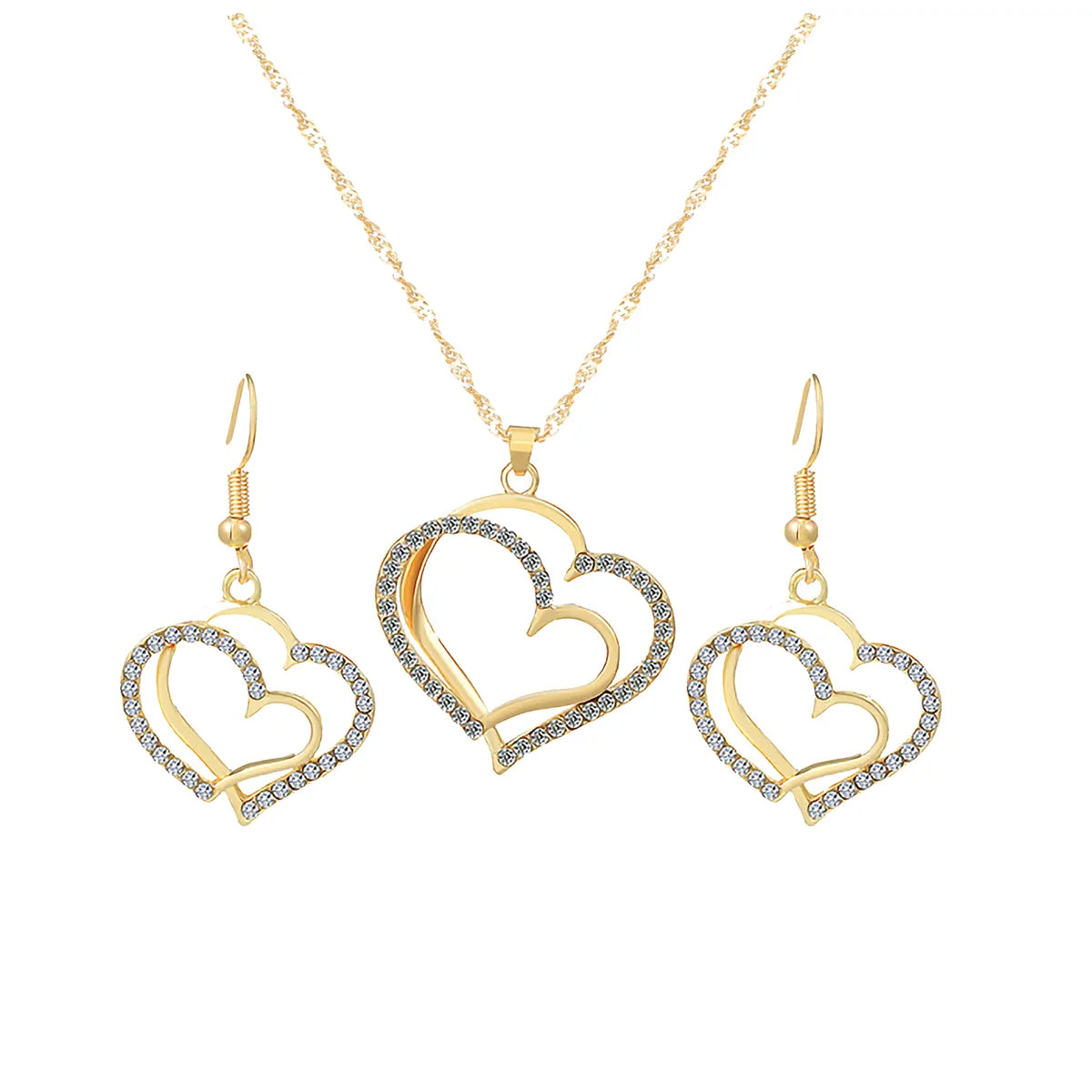 Elegant Sweet Heart Shape Copper Plating Inlay Zircon 18k Gold Plated Earrings Necklace