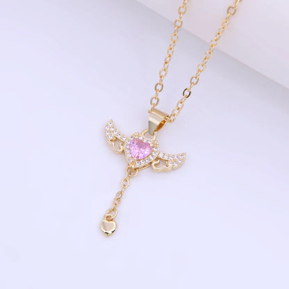 Elegant Sweet Heart Shape Wings Copper 18k Gold Plated Zircon Pendant Necklace In Bulk