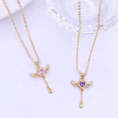 Elegant Sweet Heart Shape Wings Copper 18k Gold Plated Zircon Pendant Necklace In Bulk