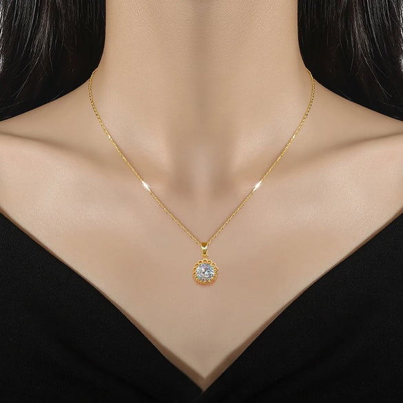 Elegant Sweet Round Stainless Steel Copper Inlay Zircon Pendant Necklace