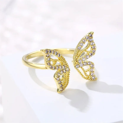 Elegant Sweet Shiny Butterfly Copper Plating Inlay Zircon Rose Gold Plated Gold Plated Open Rings