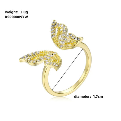 Elegant Sweet Shiny Butterfly Copper Plating Inlay Zircon Rose Gold Plated Gold Plated Open Rings