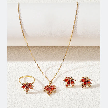 Elegant Sweet Shiny Maple Leaf Copper Plating Inlay Zircon 18k Gold Plated Rings Earrings Necklace