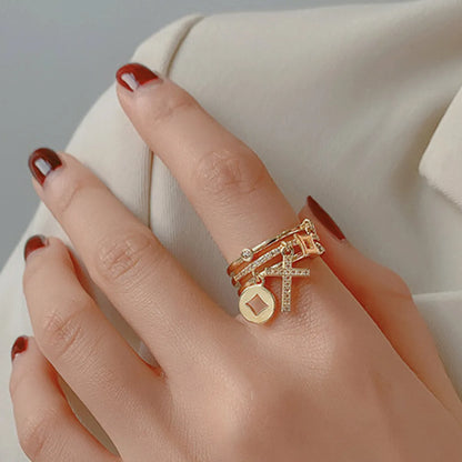 Elegant Sweet Simple Style Cross Copper Plating Hollow Out Inlay Zircon 18k Gold Plated Open Rings