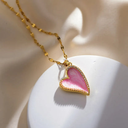 Elegant Sweet Simple Style Heart Shape Copper Enamel Plating Inlay Zircon 18k Gold Plated Pendant Necklace