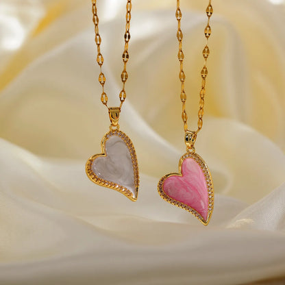 Elegant Sweet Simple Style Heart Shape Copper Enamel Plating Inlay Zircon 18k Gold Plated Pendant Necklace