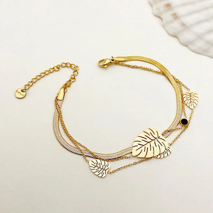 Elegant Sweet Simple Style Leaves Stainless Steel Layered Plating Inlay Zircon Gold Plated Bracelets