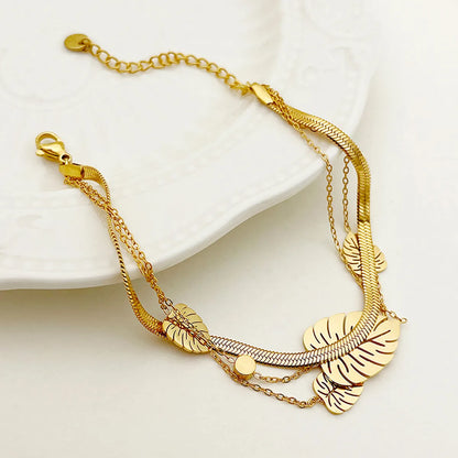 Elegant Sweet Simple Style Leaves Stainless Steel Layered Plating Inlay Zircon Gold Plated Bracelets