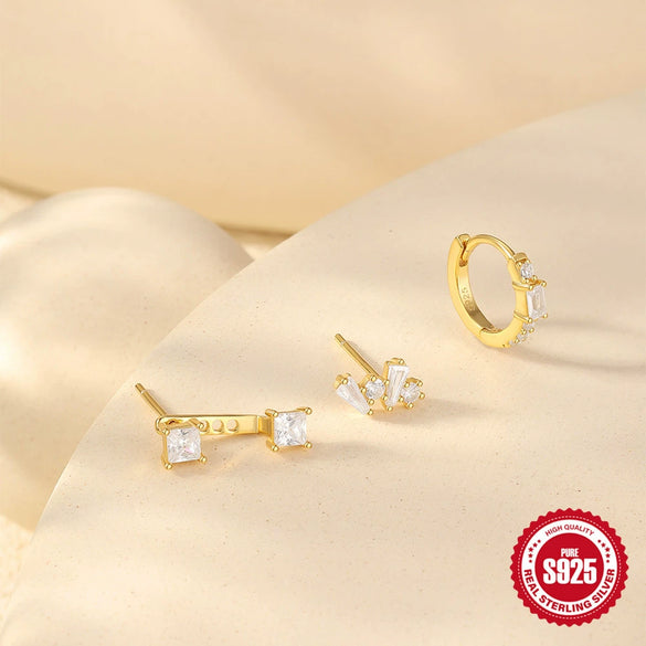Elegant Threepiece Set Of S925 Silver Flower Earrings With Geometric Design And Zircon Treatment