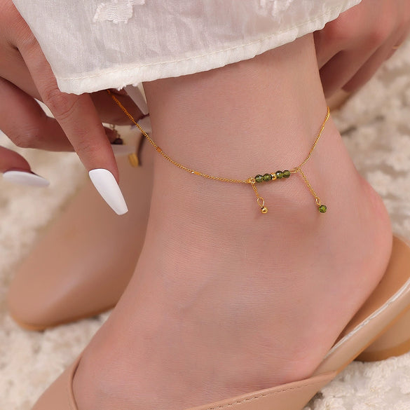 Elegant Titanium Steel Anklet For Women With Hollow Exquisite Ball Bell Round Beads Green Crystals And Geometric Design