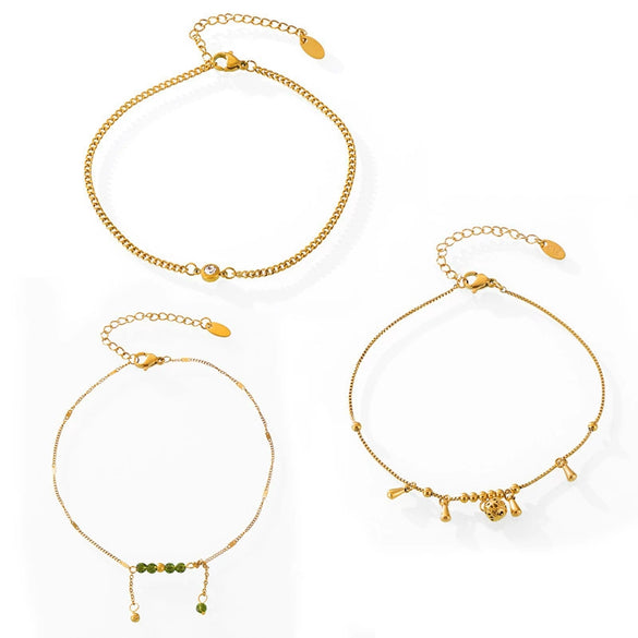 Elegant Titanium Steel Anklet For Women With Hollow Exquisite Ball Bell Round Beads Green Crystals And Geometric Design
