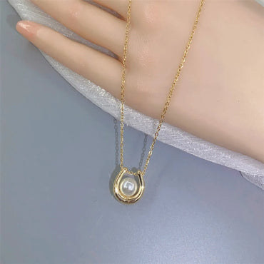 Elegant U Shape Titanium Steel Inlay Artificial Pearls Pendant Necklace