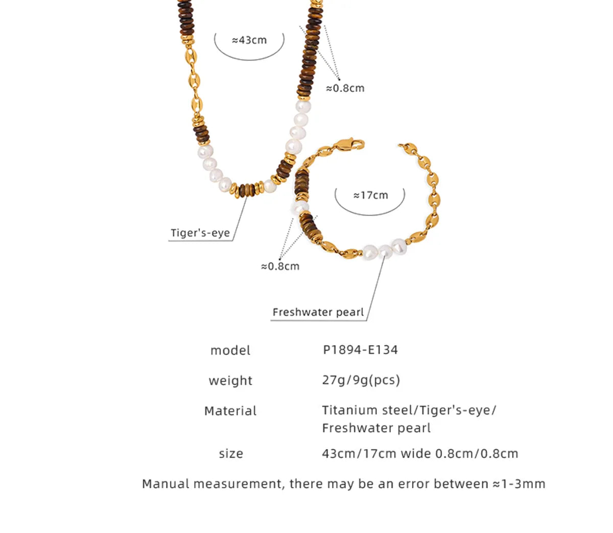 Elegant Vacation Color Block Freshwater Pearl Tiger Eye Titanium Steel Beaded Patchwork Plating 18k Gold Plated Bracelets Necklace