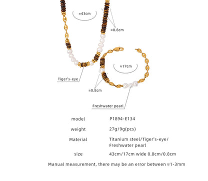 Elegant Vacation Color Block Freshwater Pearl Tiger Eye Titanium Steel Beaded Patchwork Plating 18k Gold Plated Bracelets Necklace