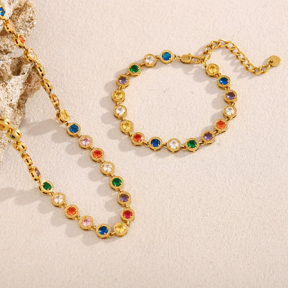 Elegant Versatile Jewelry Stainless Steel Plated 18K Gold Color Geometric Zirconium Necklace Bracelet For Women Electroplated